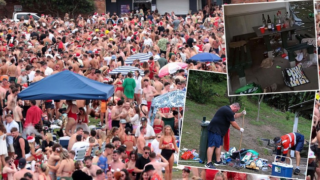 Christmas Day celebrations at Bronte (main picture) … and the resulting mess and clean-up (inset pictures). Pictures: News Corp