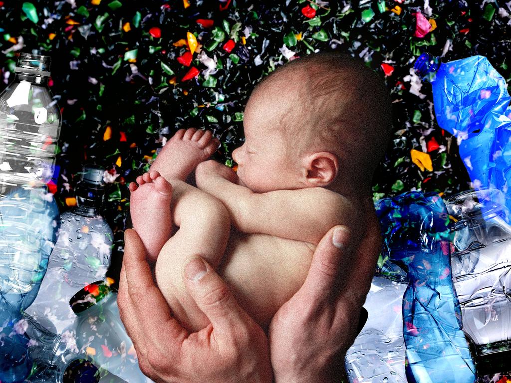 5 June 2025; a photo comp of microplastics and a new born baby. Artwork by Emilia Tortorella. Source: iStock. Ratio 4:3.