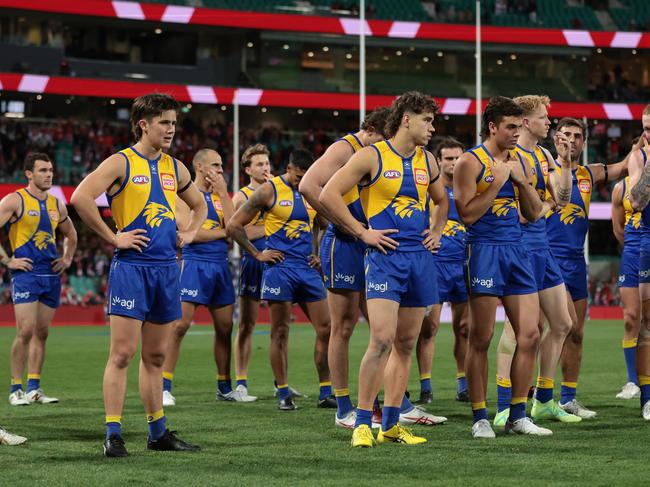 SYDNEY, AUSTRALIA - JUNE 24: Eagles players look dejected after defeat during the round 15 AFL match between Sydney Swans and West Coast Eagles at Sydney Cricket Ground, on June 24, 2023, in Sydney, Australia. (Photo by Mark Metcalfe/AFL Photos/via Getty Images )