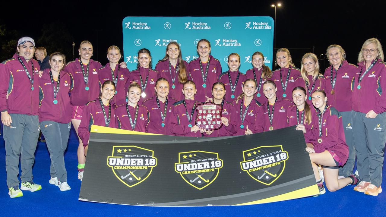 Queensland Maroon girl's celebrate their win at the 2024 under-18 national hockey championships on the Gold Coast.Picture: Click InFocus.