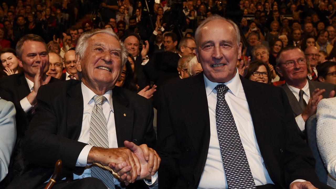 Former prime ministers Bob Hawke and Paul Keating at the Labor campaign launch in 2016. Picture: Getty Images