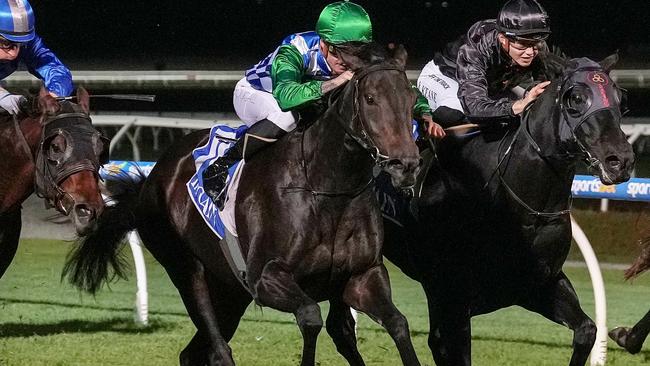 Grid Girl (NZ) ridden by Blaike McDougall wins the Joan Watson BM64 Handicap at Sportsbet Pakenham on April 04, 2024 in Pakenham, Australia. (Photo by George Sal/Racing Photos via Getty Images)