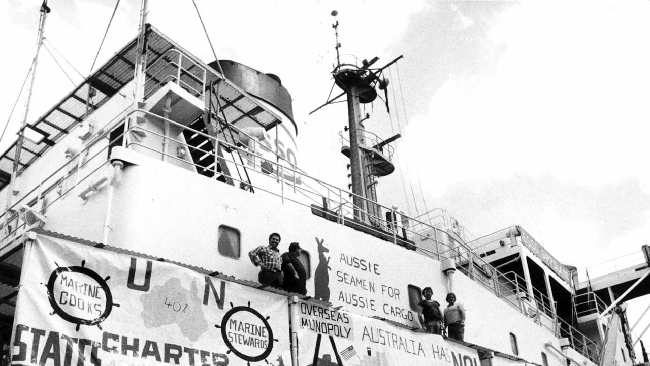 Seamen on the oil tanker Esso Gippsland with their protest sign at BP Wharf, Hamilton, during the Utah dispute in 1977. Picture: Bob Barnes