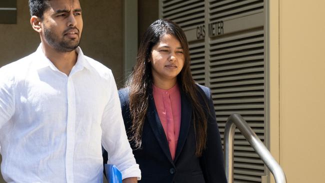 Yeleni Perera seen leaving the Coroners Court with a supporter after giving evidence into the death of her husband. Picture: NCA NewsWire/Morgan Sette