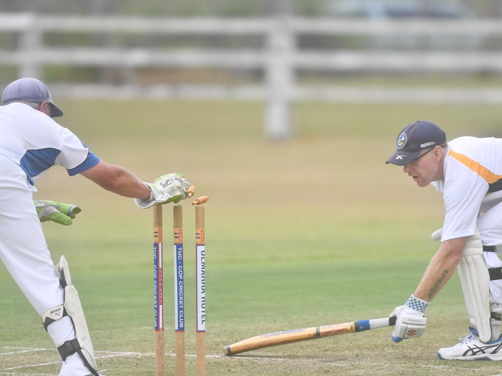 Chris Brophy reaches back for his crease in an attempted stumping at Ulmarra Showground