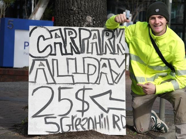 ROYAL SHOW PARKING - Various parking fees ranging from $25 on Greenhill Road, to over $60 in Rose Terrace. 16 year old Jack Green, whose dad owns a building on Greenhill Road, is allowed to keep whatever he makes. 31 August 2024. Picture: Dean Martin