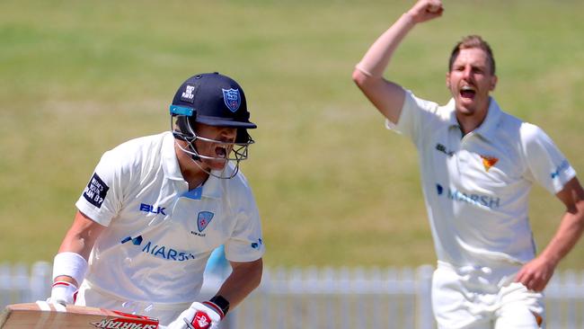 David Warner is knocked over by Sam Rainbird cheaply at Drummoyne Oval.