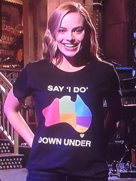 Margot Robbie sporting the T-shirt which campaigns for marriage equality in Australia. Picture: Twitter