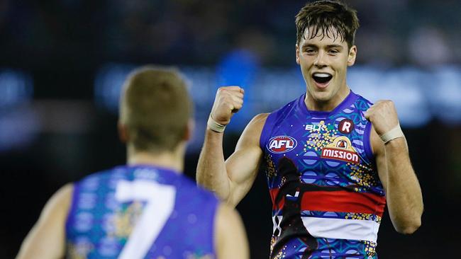 Josh Dunkley celebrates a goal in the first quarter. Picture: Michael Klein