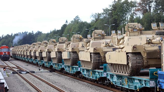 US Army Abrams tanks of the 2nd Brigade 69th Regiment 2nd Battalion are pictured at Mockava railway station in Lithuania. US President Joe Biden announced the US will send 31 Abrams tanks to Ukraine.