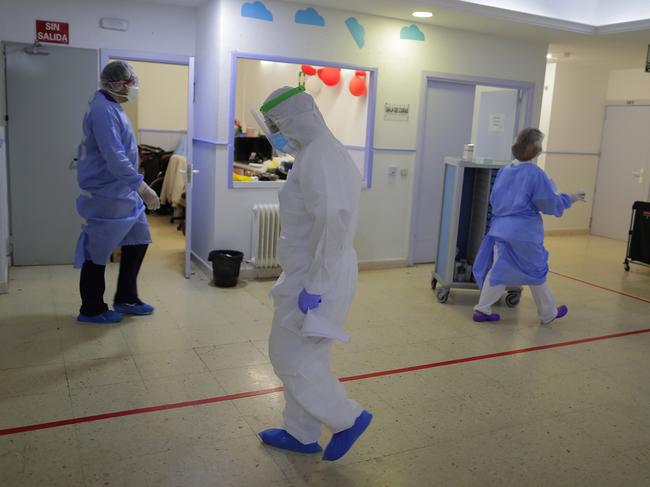 Health workers at a nursing home, in Madrid, Spain. Picture: AP