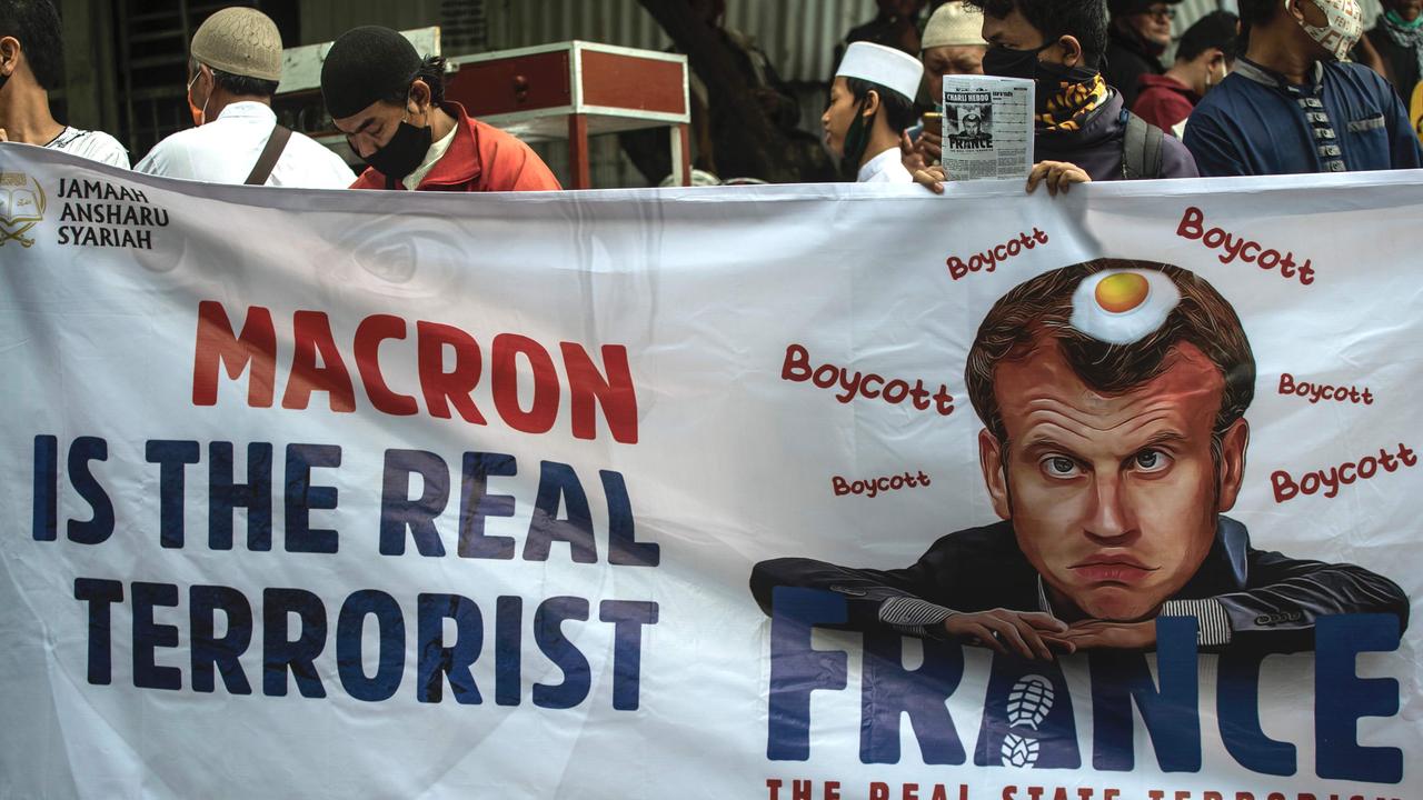 Muslim protesters attend a rally against French President Emmanuel Macron in Surabaya. Picture: AFP