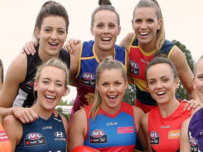 AFLW Season Launch and skippers with cup (they would not hold cup)  GWS Amanda Farrugia Western Bulldogs Katie Brennan Melbourne Daisey Pearce Carlton Lauren Arnell Fremantle Kara Donnellan Collingwood Steph Chiocci Adelaide Chelsea Randall Brisbane Lions Emma Zielke  Picture:Wayne Ludbey