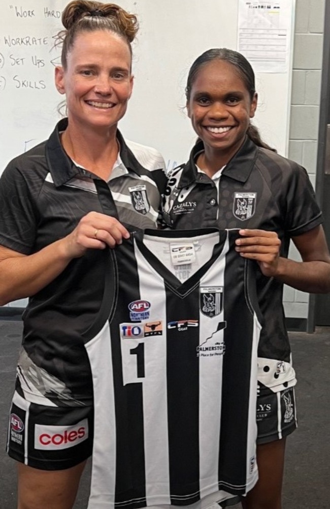 Palmerston's Marika Carlton (right) with Natasha Medbury ahead of her women's premier league debut. Picture: Palmerston Magpies Football Club