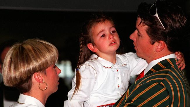 Gavin Robertson with wife Kathie and daughter Brittany, then 4, before leaving on tour of 1994 Tour of Pakistan. Photo: File