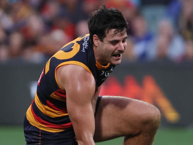 ADELAIDE, AUSTRALIA - APRIL 19: Darcy Fogarty of the Crows is injured during the 2025 AFL Round 06 match between the Adelaide Crows and the GWS Giants at Adelaide Oval on April 19, 2025 in Adelaide, Australia. (Photo by James Elsby/AFL Photos via Getty Images)