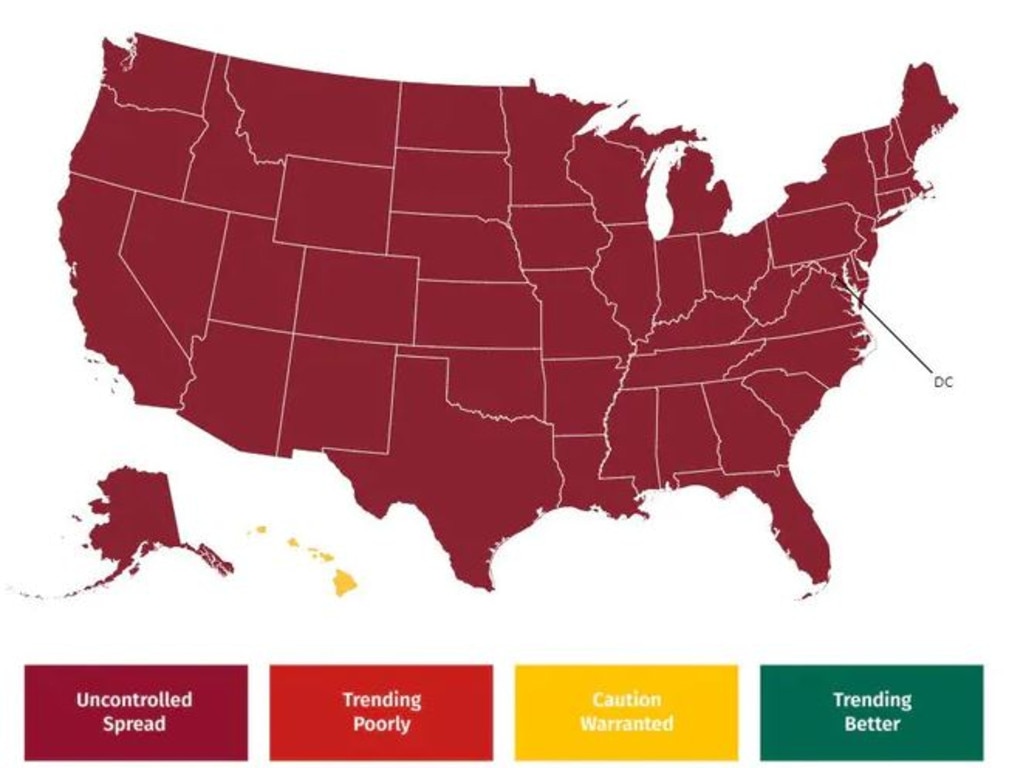 The US has been completely overrun by the COVID-19 virus. Picture: covidexitstrategy.org