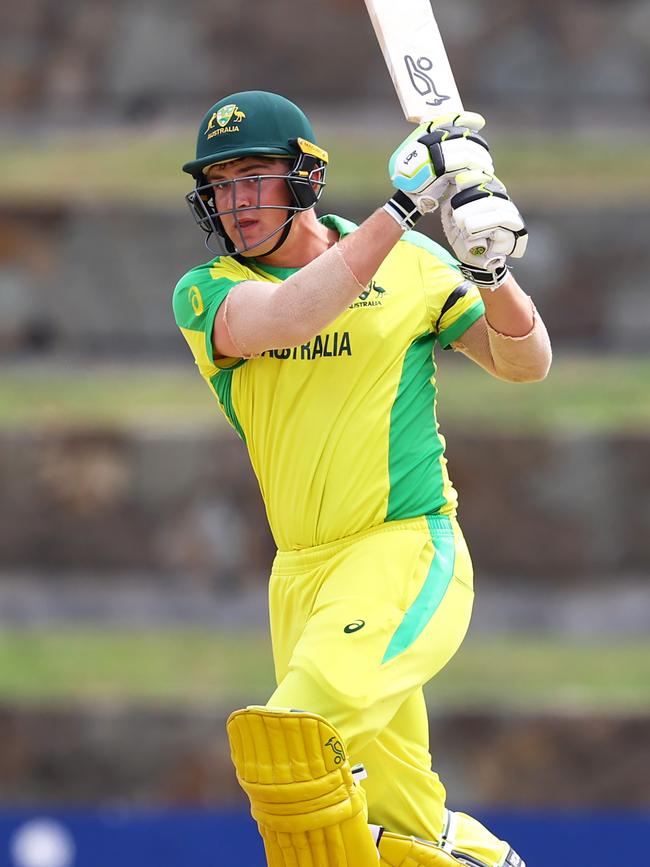 Former Grafton junior Aidan Cahill plays a shot during the U19 Men’s Cricket World Cup. Picture: Getty Images