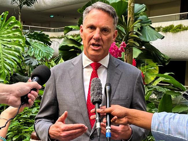Australia's Defense Minister and Deputy Prime Minister Richard Marles talks to the media during an interview in the 22nd Shangri-La Dialogue summit in Singapore, Sunday, June 1, 2025. (AP Photo/Joeal Calupitan)