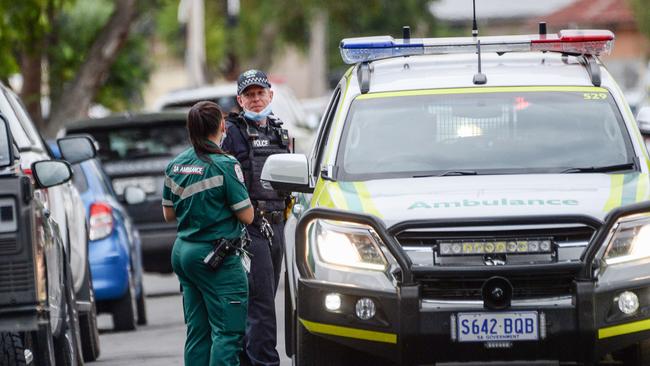 Police and paramedics at the scene of a shooting in Liascos Ave, Newton. Picture: Brenton Edwards