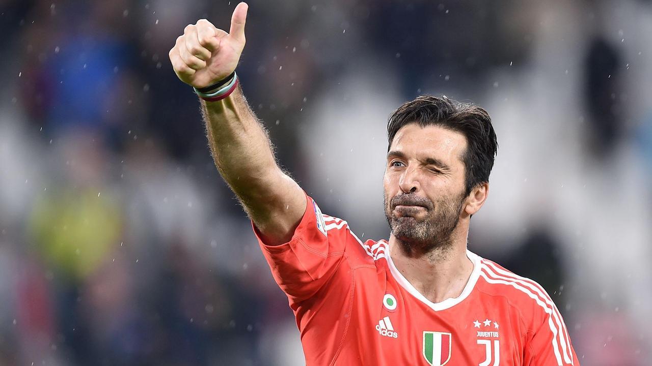 Juventus goalkeeper Gigi Buffon celebrates his team's victory at the end the Italian Serie A soccer match between Juventus and Sampdoria
