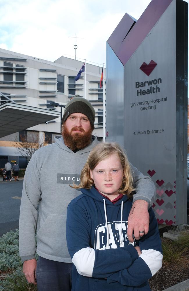 Spencer McBain with his dad Josh McBain pictured outside Geelong hospital. Picture: Mark Wilson