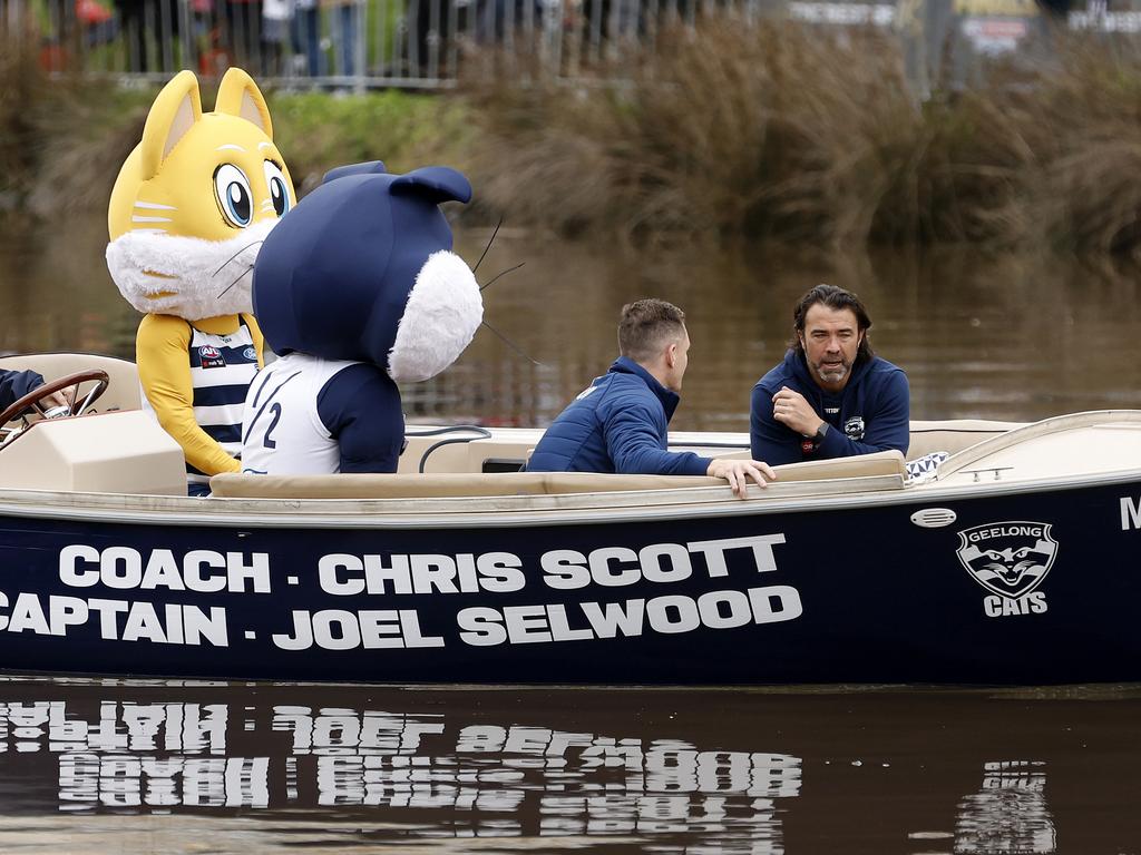 Geelong captain Joel Selwood and coach Chris Scott on the river.