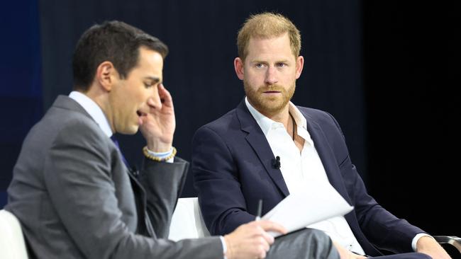 Columnist Andrew Ross Sorkin and Prince Harry, The Duke of Sussex speak during the New York Times annual DealBook summit on December 4. Picture: Michael M. Santiago/Getty Images North America/Getty Images via AFP