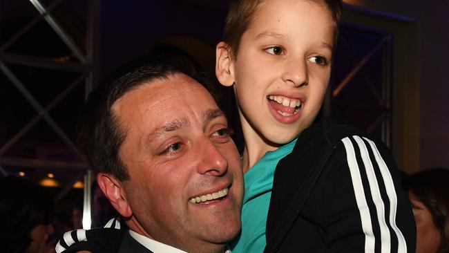 Opposition Matthew Guy and his son at the Victorian Liberal Party launch. AAP Image/James Ross