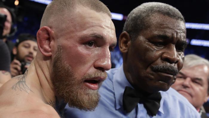 Conor McGregor after losing to Floyd Mayweather Jr. in a super welterweight boxing match Saturday, Aug. 26, 2017, in Las Vegas. (AP Photo/Isaac Brekken)