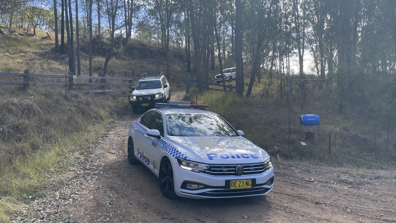 Police on the property on Great North Rd, Laguna on July 18, 2023. Authorities were conducting a search as part of their investigation into the murder of John Simpson. Picture: Dan Proudman.