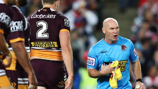 Broncos trainer Allan Langer marshalls the troops during the 2017 qualifying final against the Roosters. Picture: Brett Costello