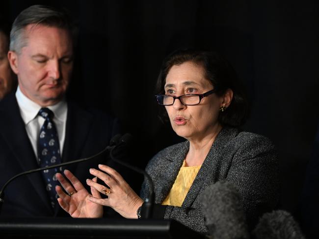 BRISBANE, AUSTRALIA - NewsWire Photos - DECEMBER 8, 2022.Federal Energy Minister Chris Bowen watches Victorian Energy Minster Lily D'Ambrosio as she speaks after a meeting with their state counterparts to discuss long-term strategies to drive down power prices and reduce emissions and the next steps in Australia's transition to renewables.Picture: NCA NewsWire / Dan Peled