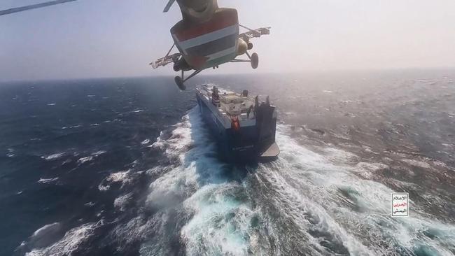 An image from a video showing Houthi fighters' attack on the Galaxy Leader Cargo in the Red Sea on November 20, 2023. Photo: Getty Images via the Houthi Movement