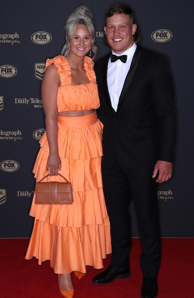 Reuben Cotter of the Cowboys and his partner Mackenzie Falco arrive ahead of the 2022 Dally M Awards at The Winx Stand, Royal Randwick Racecourse on September 28, 2022 in Sydney, Australia. Picture: Jason McCawley / Getty Images