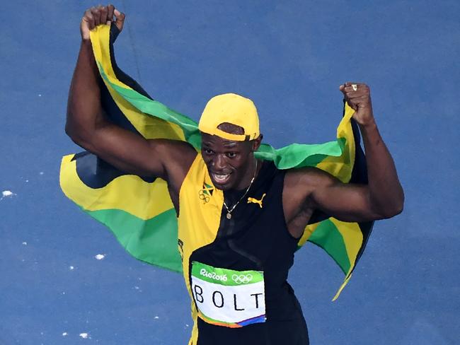 Usain Bolt after winning the 100m at the Rio Olympics.