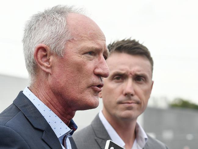 One Nation party officials Steve Dickson (left) and James Ashby field questions during a press conference in Brisbane, Tuesday, March 26, 2019. The pair have been caught  in an al-Jazeera investigation which used hidden cameras and a journalist posing as a grassroots gun campaigner to expose the far-right partyÕs extraordinary efforts to secure funding in Washington DC in September.(AAP Image/Dave Hunt) NO ARCHIVING, EDITORIAL USE ONLY