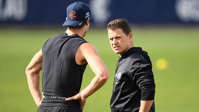 Blues coach Brendon Bolton wasn’t part of the session, overseeing training afterwards. Picture: Getty Images