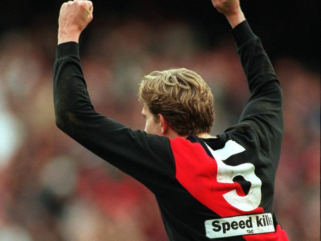 James Hird celebrates during the 1996 semi-final.