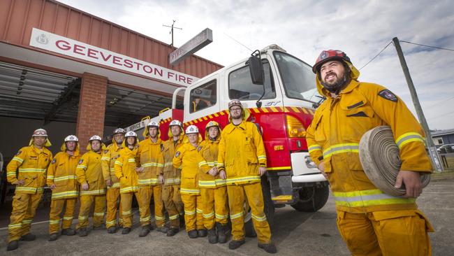 Geeveston volunteer firefighters, from left, Masaaki Koyama, Nathan Dowling, Geordie Wright, Kevin Steele, Lucy Whitehead, Campbell Gane, Zak Nichols, Brittany Direen, Amelia Franklin, Joey Page and Brigade Chief Steven Franklin at a heightened state of preparedness ahead of expected worsening fire conditions at Geeveston. Picture: CHRIS KIDD