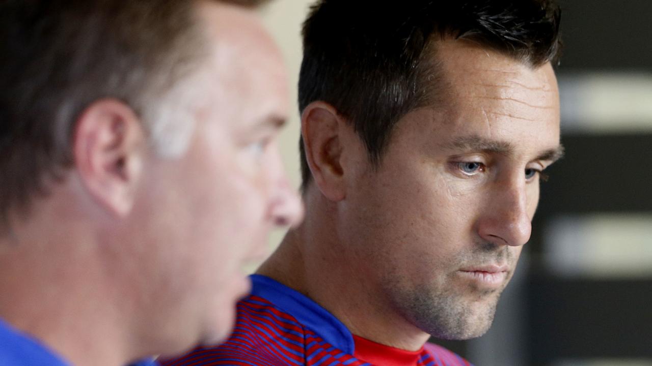 Mitchell Pearce (right) has announced his exit from the Knights (AAP Image/Darren Pateman)