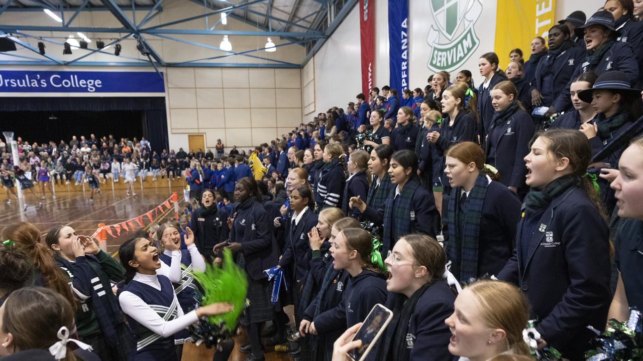 St Ursula's students get behind their Senior A team against Downlands First VII in Merici-Chevalier Cup netball at Salo Centre, Friday, July 19, 2024. Picture: Kevin Farmer