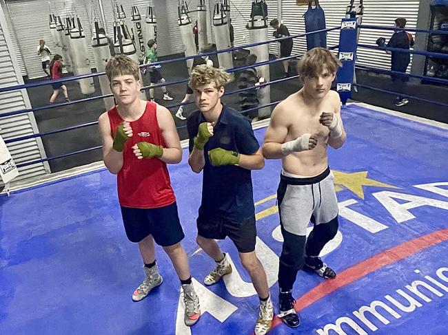 Landon Moore, 17, Kye Lawler, 17 and Charlie Box, 15 at Warwick Boxing Club. July 26, 2024. (Photo: NRM)