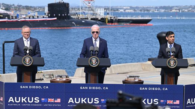 Anthony Albanese, left, with US President Joe Biden and British Prime Minister Rishi Sunak after their trilateral meeting during the AUKUS summit in San Diego on March 13. Picture: Getty Images