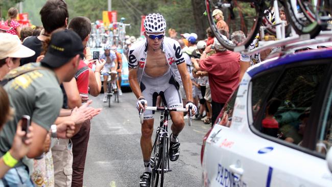 Tour de France – stage 12 – bourg-de-peage to mende. Riders make their way up the last 3 km of the Cote de la Croix-Neuve. Australian Brett Lancaster makes his way up the climb.