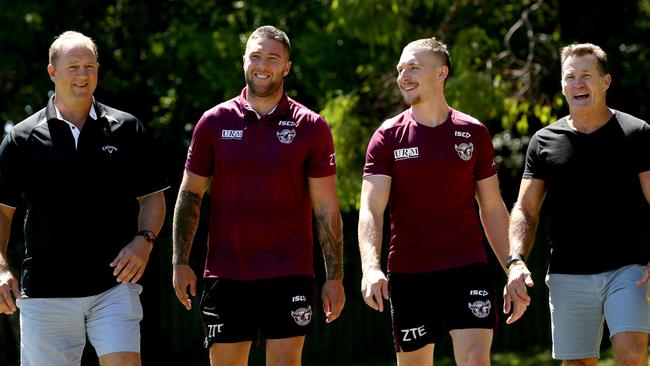 Manly players Curtis Sironen and Jackson Hastings with their fathers, former league stars Paul Sironen and Kevin Hastings. Picture Gregg Porteous