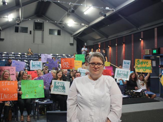 Springbank Secondary College parent Danielle Duffield at a public meeting opposing the closure of the school. Picture: Chris Russell