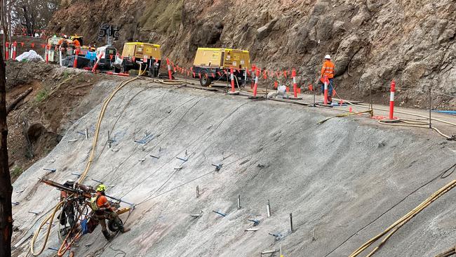 Work is continuing to fix the road leading to Binna Burra Lodge after the fires caused extensive damage. Picture: Department of Transport and Main Roads