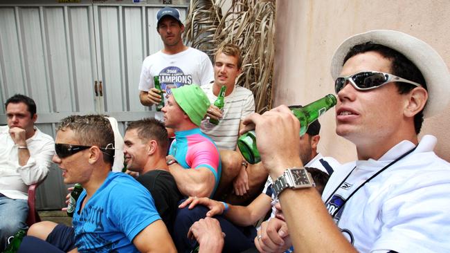 Troy Hearfield (right) at a private party where the Newcastle Jets celebrated their A-League grand final win over the Central Coast Mariners.