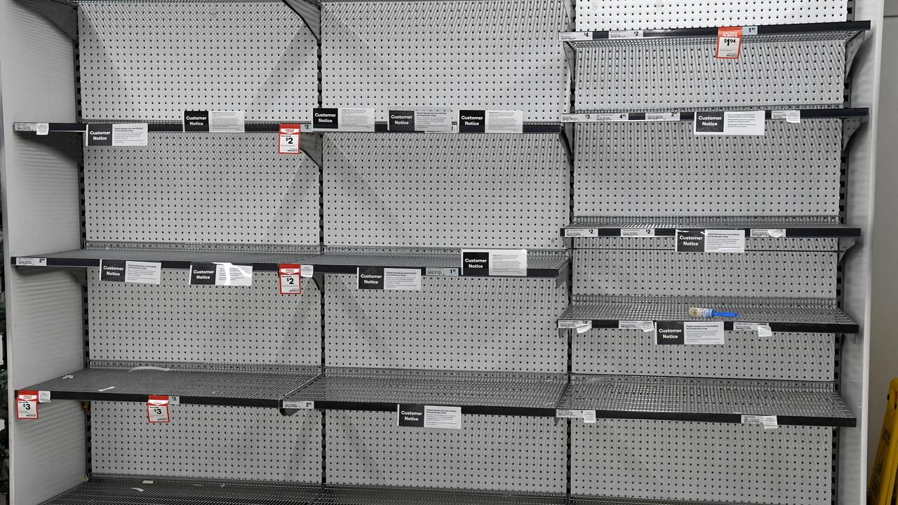 Empty shelves of tissues at Woolworths Town Hall in Sydney, Friday, March 13, 2020. Picture: Bianca De Marchi/AAP